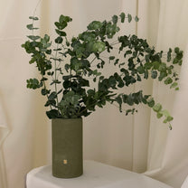 Jarrón Orah en porcelana verde oliva con ramas de eucalipto.